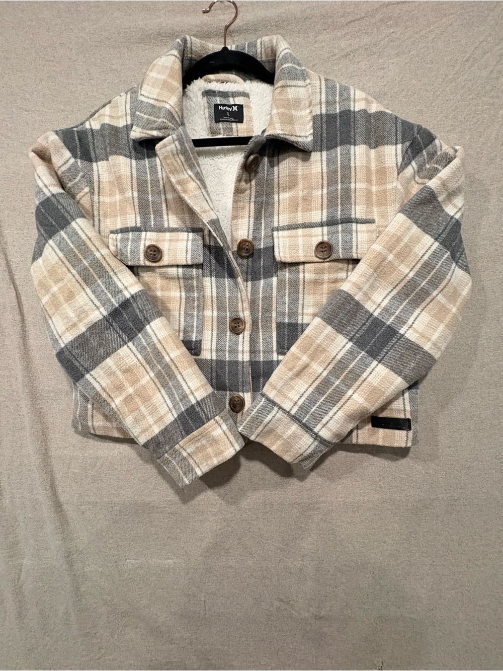 Hurley Plaid Cropped Button Jacket - Beige & Gray. Womens large. 2 patch pockets
